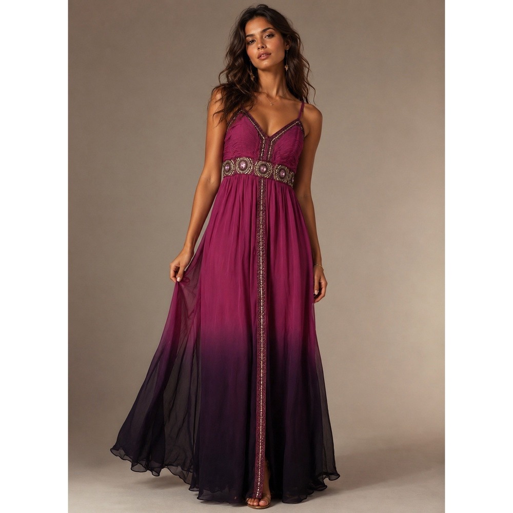 Y2K Sue Wong Glam Ombre Beaded Nocturne Maxi Silk Dress Embellished Gown 8